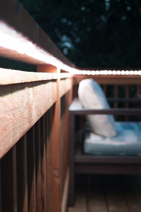 Add ambient lighting to the underside of your deck railing with outdoor rope lights! Outdoor Rope Lights, Outdoor Deck Lighting, Rope Lighting, Outdoor Lighting Ideas, Lighting Garden, Solar Landscape Lighting, Club Lighting, Solar Deck Lights, Step Light