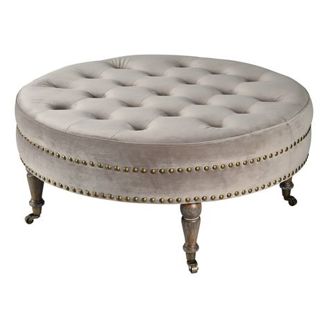 Ottoman Upcycle, Round Tufted Ottoman, Stylish Ottomans, Farmhouse Tables, Booth Decor, Velvet Ottoman, Tufted Ottoman, Fabric Ottoman, Chic Farmhouse