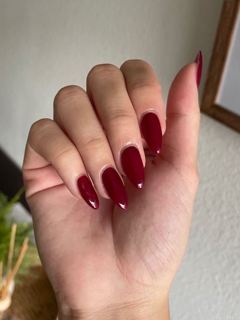 Maroon Oval Acrylic Nails, Crimson Red Almond Nails, Red Acrylic Nails Pointy, Almond Deep Red Nails, Red Sharp Almond Nails, Fall Russian Manicure, Dark Red Nails Almond Shape, Mandelforming Nails, Almond Nails Fall Design