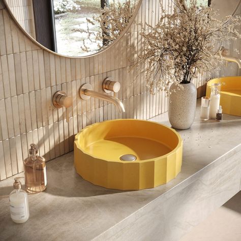 Happy Summer Solstice! Honouring the Sun with our handcrafted sinks to bring a splash of sunshine into your home. ☀️ Brighten up your space and soak in those summer vibes with the artisan Sun yellow. Pictured: 1st photo: Clio Rec wall mounted 2nd photo: Clio Round 3rd photo: Lily Square wall mounted #yellowsink #concretedesign #powderroomdesign #ensuitebathroom #bathroomrenovation #bathroomdesigns #artisandesign #cretemysink #sinkintostyle Outside Sink, Concrete Counter Top, Concrete Bathroom, Custom Planters, Wall Mount Sink, Concrete Counter, Stone Concrete, Concrete Sink, Concrete Basin