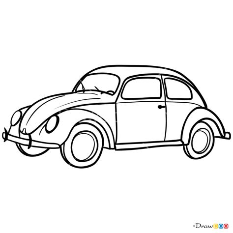 How to Draw Volkswagen Beetle 1960-1969, Retro Cars How To Draw A Volkswagen Beetle, Old Car Drawing Easy, Volkswagen Bug Tattoo, Beetle Car Drawing, Volkswagen Bus Drawing, Vw Bug Drawing, Vw Beetle Drawing, Volkswagen Drawing, Car Drawings Easy