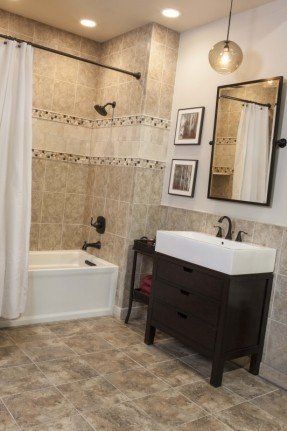 Ceramic tiled bath accented with travertine thetileshop Tan Tile Bathroom Ideas, Tan Tile Bathroom, Tan Bathroom Ideas, Travertine Tile Bathroom, Brown Tile Bathroom, Tan Bathroom, Tiled Bath, Tan Tile, Travertine Bathroom