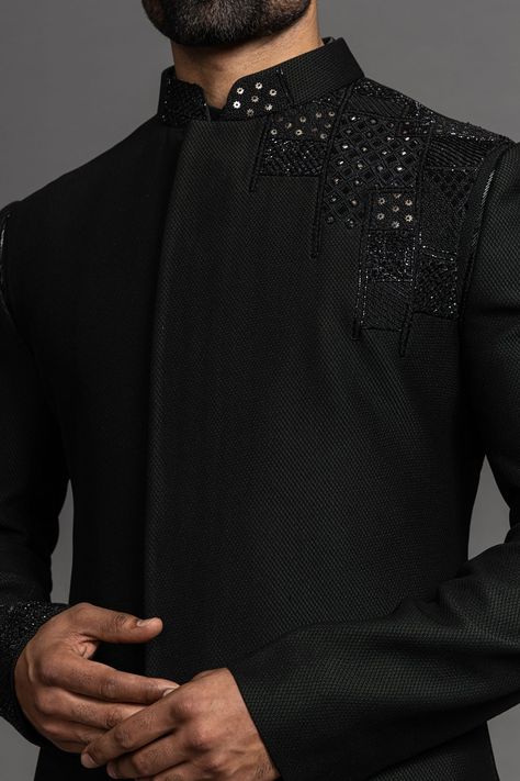 Buy Black Cutdana Embroidered Italian Kurta Online | Samyakk Black Kurta Embroidery Design Men, Black Kurta Designs Men's Style, Black Kurta Design, Black Kurta Men, Kurta Design For Men, Kurta Black, Gents Shirts, Indian Wedding Clothes For Men, Mens Indian Wear