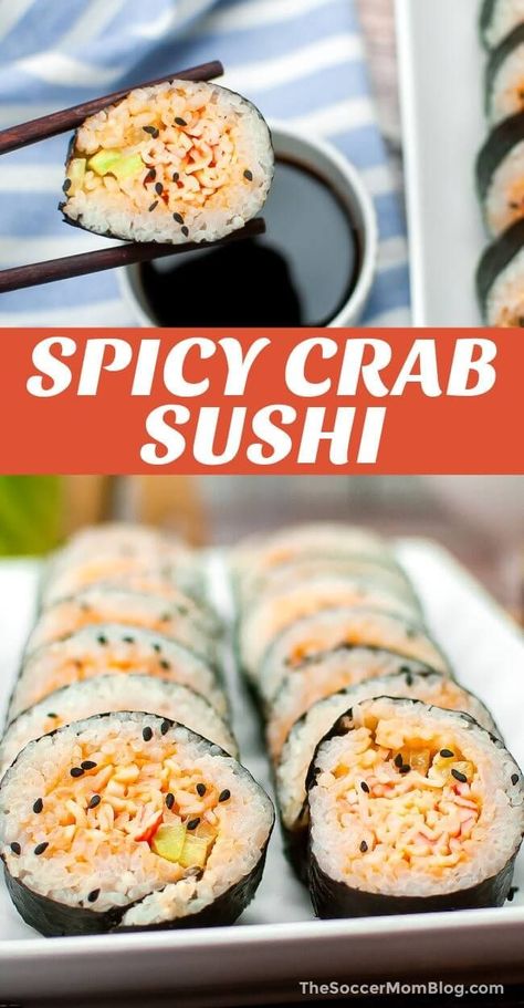 This spicy crab sushi roll is a restaurant-worthy treat that’s easy enough for beginners to make at home, with zesty crab salad and crunchy cucumbers. Make this delicious and budget-friendly recipe without leaving the house. Try this quick and easy recipe today! What To Put In Sushi, Sushi Recipes Crab, Sushi Recipes With Crab, Crunchy Food Recipes, Crab Rangoon Sushi Roll Recipe, Different Sushi Rolls, Home Made Sushi Ideas, Crab Sushi Roll Recipes, Crab Sushi Recipes