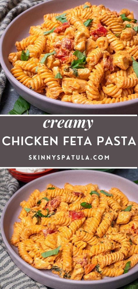 Creamy Chicken Feta Pasta Feta Cheese Chicken Pasta, Chicken Feta Pasta Recipes, Healthy Feta Pasta, Healthy Pasta Recipes Protein, Family Dinner Recipes Pasta, Chicken And Chickpea Pasta Recipes, Bacon Feta Pasta, Easy Recipes With Feta Cheese, Chicken Feta Recipes Healthy