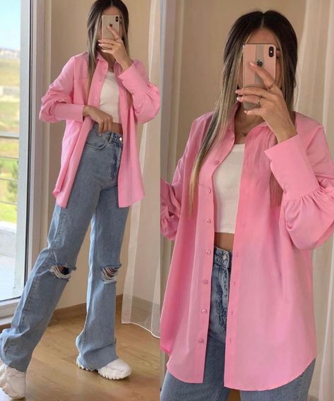 Pink Shirt Outfit, Look Rose, Casual College Outfits, Casual Day Outfits, Causual Outfits, Casual Chic Outfit, Teenage Fashion Outfits, Outfits Casual, Colourful Outfits