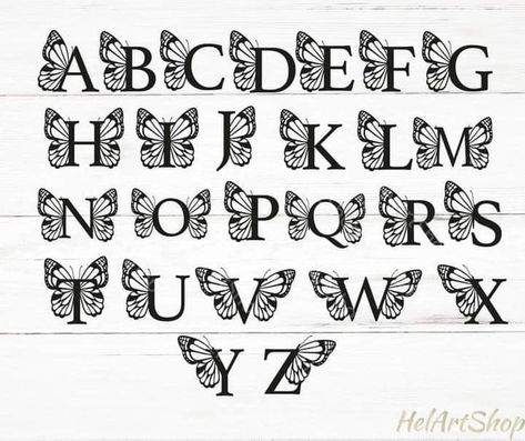 Butterfly Alphabet, Lettering Styles Alphabet, Decorative Fonts, Tato Henna, Lettering Guide, Svg Monogram, Tattoo Lettering Fonts, Hand Lettering Art, Hand Lettering Alphabet