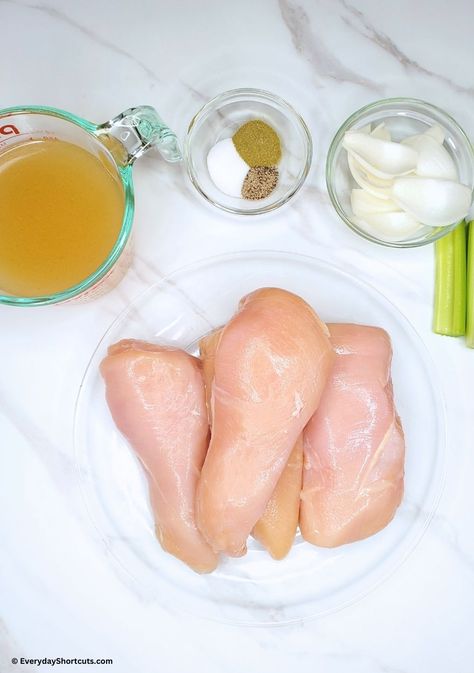 How to Boil Chicken Breasts - Everyday Shortcuts Boiling Chicken, Boil Chicken Breast, Boil Chicken, Flavorful Boiled Chicken, How To Boil Chicken, How To Boil A Whole Chicken For Soup, Best Way To Boil Chicken To Shred, Boiling Chicken For Soup, Boiled Chicken For Shredding