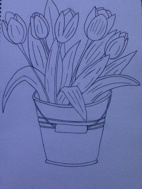 Flowers in bucket Bucket Of Flowers Drawing, Drawing Ideas Flowers, Bucket Drawing, Bucket Of Flowers, Flowers Bucket, Cute Small Drawings, Small Drawing, Art Male, Flowers Drawing