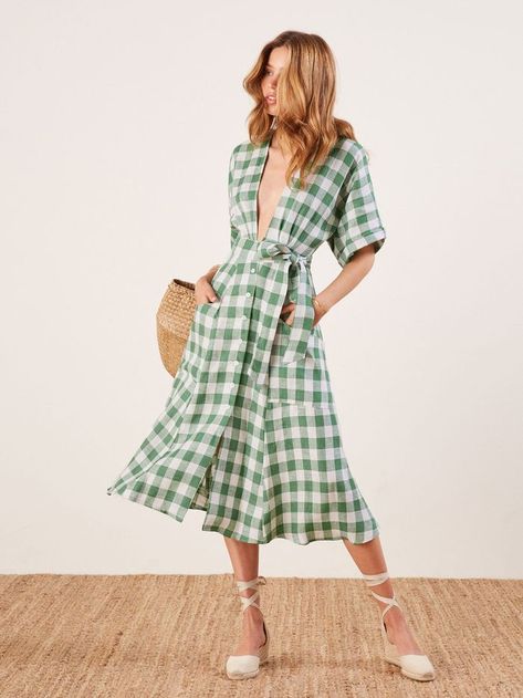 Gingham Dress Outfit, Green Gingham Dress, Gingham Outfit, Gingham Fashion, Green Gingham, Looks Street Style, Check Dress, Printed Shirt Dress, Cotton Midi Dress