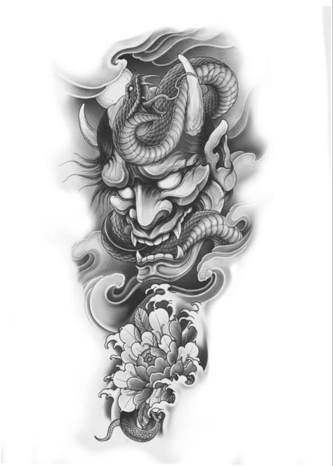 Hanya Mask And Snake Tattoo, Chinese Tattoo Stencil, Hannya Mask Back Tattoo, Chest Piece Tattoos For Guys, Japanese Warrior Tattoo Design, Japanese Shoulder Tattoo, Oni Demon Tattoo, Full Arm Sleeve Tattoo Men, Japanese Dragon Sleeve