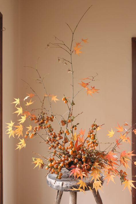 Persimmon Arrangement, Persimmon Decor, Dinner Setup, Japanese Floral Design, Modern Thanksgiving, Thanksgiving Floral, Diy Christmas Garland, Green Cups, Fall Arrangements