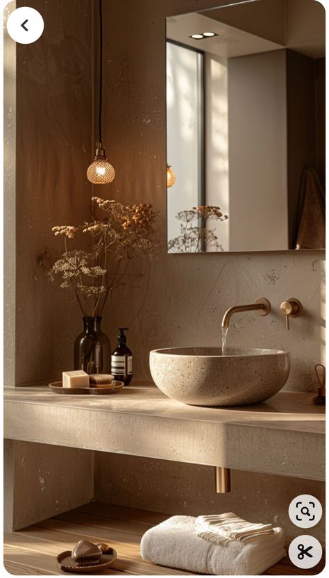 Wabi Sabi Bathroom, Bathroom Luxury Design, Cement Bathroom, Luxury Spa Bathroom, Warm Minimalism, Minimal Bathroom, Modern Spa, Japandi Interiors, House Concept