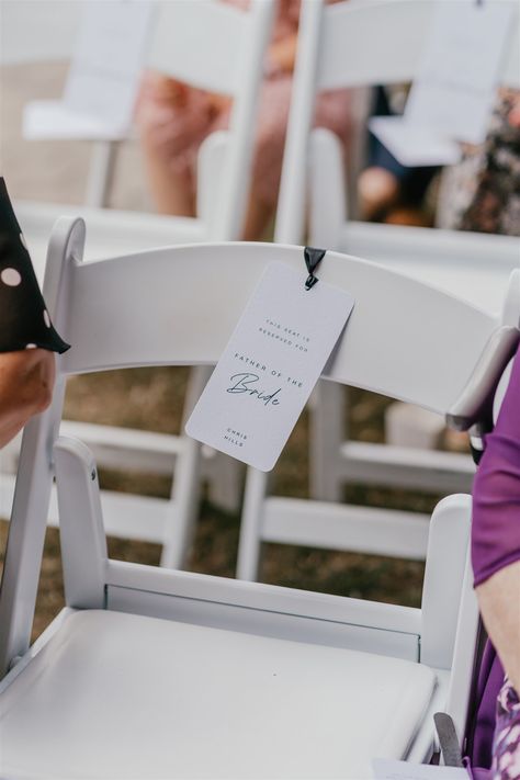 Modern black & white reserved seating tags tied to ceremony chairs with black ribbon. Photo credit: Shelby Ellis Photography. Wedding Ceremony Reserved Seating Signs, Ceremony Reserved Seating, Reserved Seating Wedding, Wedding Isles, Reserved Seating, Ceremony Chairs, Seating Sign, Ceremony Seating, Reserved Signs