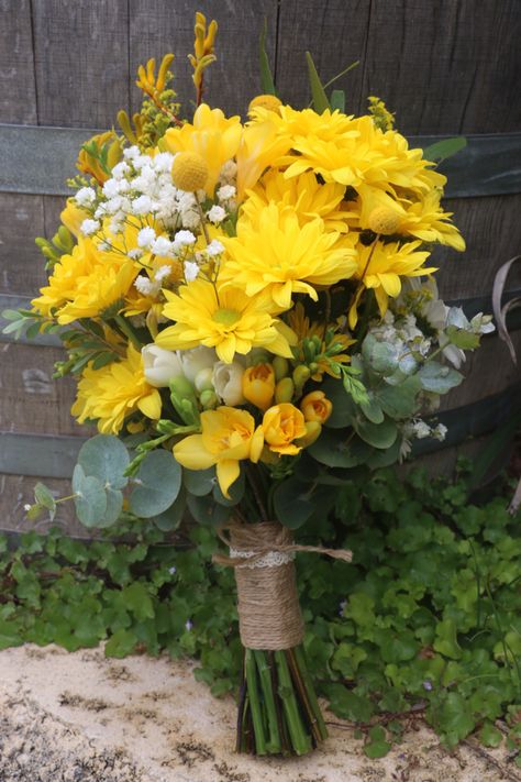 Yellow bouquet made of billy balls, daisy chrysanthemums, baby's breath, gum, kangaroos paws, freesias with a little lace and twine Yellow Daisy Bouquet, Babies Breath Flowers, Bridal Flower Arrangements, Chrysanthemum Bouquet, Wedding Bridesmaid Bouquets, Yellow Chrysanthemum, Yellow Bouquets, Breath Flowers, Billy Balls