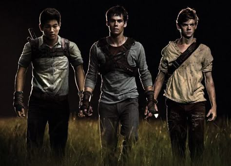 The Maze Runner - Minho (Ki Hong Lee), Thomas (Dylan O'Brien), & Newt (Thomas Sangster) Thomas Maze Runner, Dystopian Movies, Maze Runner Characters, Maze Runner Thomas, Maze Runner Trilogy, Maze Runner Imagines, Maze Runner Cast, James Dashner, Newt Maze Runner