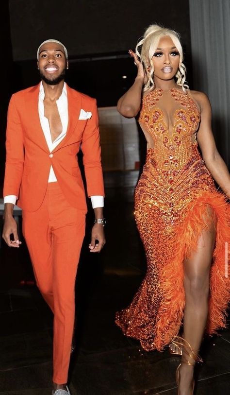 @amour_nesia Met Gala Prom Dress Black, Cute Orange Prom Dresses, Orang Prom Dresses, Goldprom Dresses, Orange And White Prom Dress, Orange Prom Couple Black, Black Prom Dates Couples, Prom Dresses 2023 Orange, Rare Prom Dress Colors