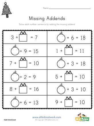 Fill in each present and ornament with the correct number to complete the equation. 1st Grade Christmas, Math First Grade, Math Worksheets For Kindergarten, Worksheets 1st Grade, Spring Math Worksheets, Missing Addends, Christmas Math Worksheets, Missing Addend, Math Coloring Worksheets