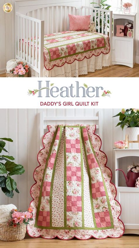 This sweet Daddy's Girl quilt was designed by Shabby Fabrics featuring the Heather Collection designed by Jennifer Bosworth for Maywood Studio. The delicate florals in pink, cream and green create a soothing, soft and pretty feel. It is a perfect size for a crib quilt and is sure to provide your little one with warmth, comfort, and security, creating memories that will last a lifetime. Girls Quilts Ideas, Girl Baby Quilts, Baby Girl Quilt Ideas, Girl Quilts, Quilt Blocks Easy, Kids Quilts, Quilts Patterns, Quilt Sewing Patterns, Baby Quilt Patterns