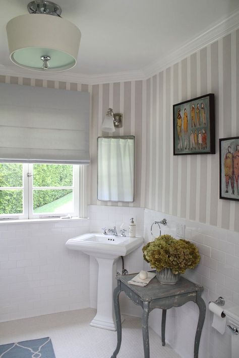 Striped Bathroom Walls, Small Bathroom Solutions, Pretty Bathrooms, Affordable Interior Design, Striped Walls, Bathroom Walls, Subway Tiles, Bathroom Wallpaper, Guest Bath