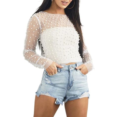 PRICES MAY VARY. Material:this sequin mesh pearl crop top is made of nylon,form-fitting,comfortable,stretchy, breathable,beach cover up blouse shirt is great for spring,summer,autumn going out. Features:sexy sheer mesh pearl rhinestone crop top,long sleeve see through sequin beaded crop shirts,cropped length,crew neck glitter sparkle crop blouse shirt,black fishnet top,bathing suit cover up,hollow out pearl embellished crystal cover up,slim fit summer trendy party club concert pearl sheer top,wi Pearl Mesh Top Outfit Western, Pearl Top Outfit, White Sheer Fitted Top, Feminine White Mesh Top With Sheer Sleeves, White Sheer Long Sleeve Lace Top, Rhinestone Clothes, Rhinestone Mesh Top Long Sleeve, Black Fishnet Top, Pearl Crop Top