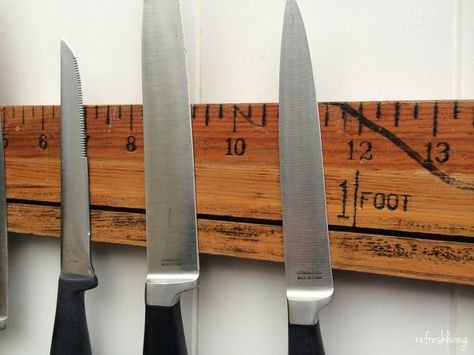 diy magnetic knife holder with a vintage ruler, diy, how to, kitchen design, repurposing upcycling Cooking Utensil Storage, Vintage Ruler, Diy Spice Rack, Magnetic Knife Rack, Magnetic Knife Holder, Diy Spices, Knife Rack, Wood Knife, Knife Storage