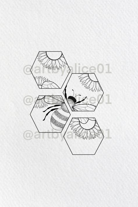 Honey Bee Art Drawings, Honeycomb Tattoo Stencil, Geometric Honeycomb Tattoo, Bee Tattoo Stencil, Line Art Bee, Bee Line Drawing, Geometric Hexagon Tattoo, Honeycomb Drawing, Honeycombs Drawings