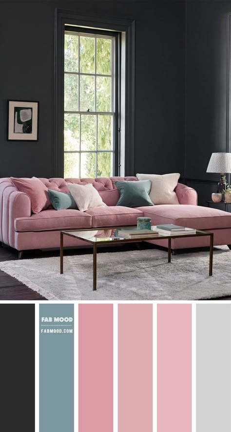 Whether you go for charcoal, deep teal, grey or dark blue, there’s no denying that dark walls can look beautiful in a living room. This living room... Pink Couch Black Wall, Blue Gray Pink Living Room, Pink Green Black Living Room, Dark Grey Color Combinations, Dark Pink Living Room, Living Room Pink Couch, Pink And Gray Room, Dark Grey Walls Living Room, Pink And Grey Color Palette