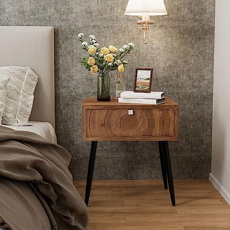 10 Must-Have Items for Mid-century Modern Interiors Bali Nightstands, Tall Bedside Table Ideas, Bedroom Zen, Brown Nightstands, Rustic End Tables, Farmhouse End Tables, Bedroom Redesign, Mid Century Nightstand, Modern Accent Tables