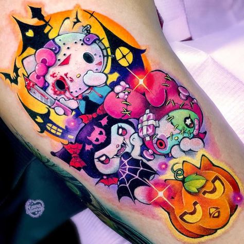 Kuromi Tattoo, Laura Anunnaki, Halloween Sanrio, Bright Tattoos, Hello Kitty Tattoos, Kawaii Tattoo, Spooky Tattoos, Cute Tiny Tattoos, Halloween Tattoos