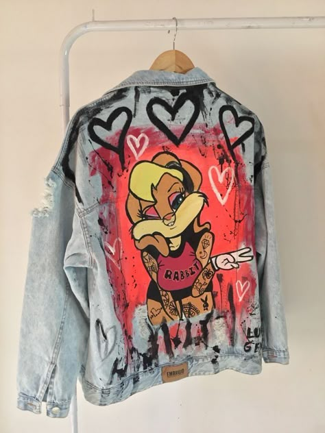 Denim Art Painting, Upcycled Clothing Tutorial, Denim Jacket Diy Paint, Graffiti Top, Clothing Painting, Bunny Custom, Reworked Clothes, Diy Clothes Patterns, Denim Diy Clothes