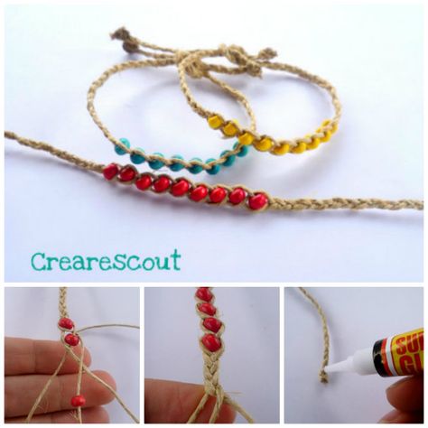 Twine and wooden beads [wish bracelets] - tutorial in english Easy Bracelet Patterns, Easy Bracelet, Boho Crochet Patterns, Bracelets Tutorial, Group Crafts, Diy Bracelets Tutorials, Anklets Boho, Easy Diy Jewelry, Summer Bracelets