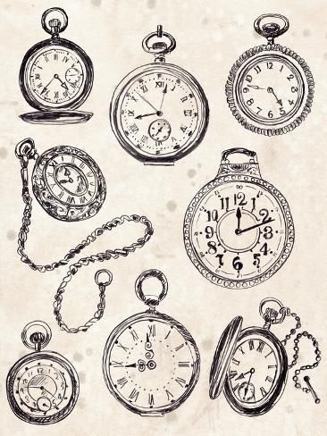 size: 12x9in Art Print: Pocket Watch Sketches II by June Vess : Clock Design Drawing, Pocket Watch Sketch, Pocket Watch Drawing, Chain Drawing, Pocket Watch Art, Vintage Planner, Clock Illustration, Clock Drawing, Edward Tulane