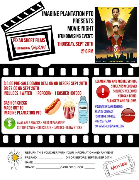 Movie Night Fundraiser Flyer  - Information about food being sold and the poster for the Movie Shazam Movie Night School Fundraiser, Outdoor Movie Fundraiser, Drive In Movie Fundraiser, Movie Night Fundraiser Ideas, Movie Night School Event, School Movie Night Ideas, Movie Night School, Movie Night Fundraiser, Dunking Booth