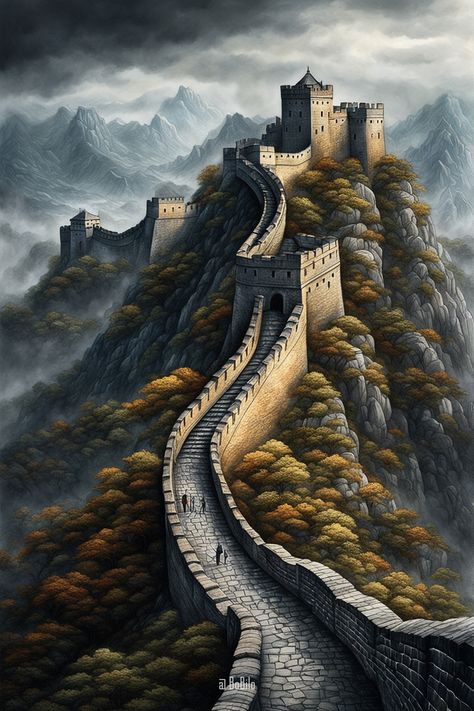 Explore the Mystical Great Wall: Digital Art Inspired by Ancient Wonders China Tattoo, Wall Digital Art, Lumix G7, America Aesthetic, Fantasy Castles, Drawing 101, Great America, Zaha Hadid Architects, Great Wall Of China