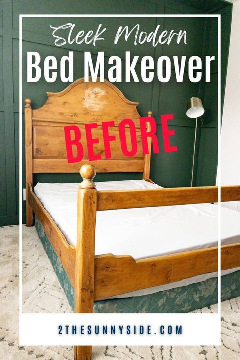 Discover how we turned a $50 Facebook Marketplace find into a stunning modern bed frame masterpiece. Follow our step-by-step DIY tutorial, as we modernized the headboard and footboard with sleek lines and a faux wood finish. Get inspired to transform and flip furniture with creativity and a touch of DIY bed makeover magic! See the amazing before and after. Bed Frame Makeover, Painted Wood Headboard, Painted Bed Frames, Frame Makeover, Headboard Makeover, Wooden Bed Frame Rustic, Pine Bed Frame, Oak Headboard, Rustic Bed Frame