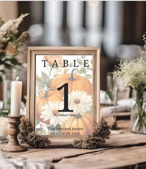 Beautiful and festive Wedding Table Numbers for October Wedding. Pumpkins. 5x7 or 8x10. https://mybubblegumbursts.etsy.com/listing/1789566455 October Wedding Table, Fall Flower Wedding, Flower Wedding Table, Fall Wedding Table Numbers, October Decorations, Elegant Fall Wedding, Fall Wedding Tables, Pumpkin Wedding, Wedding Table Number Cards