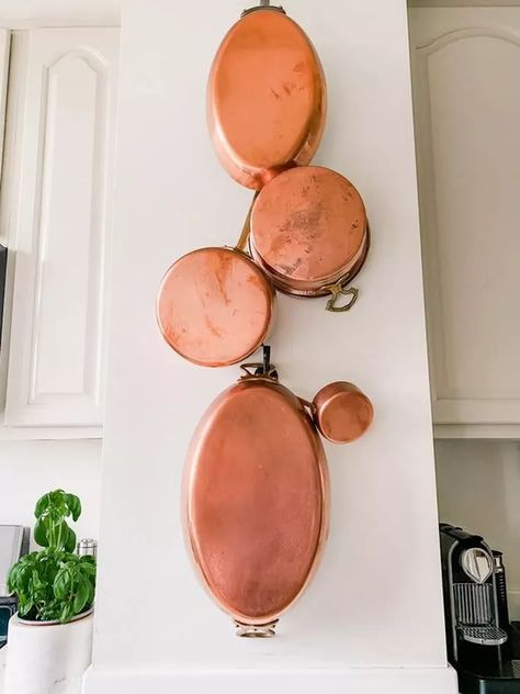 10 Ways to Show Off Your Copper Cookware Collection in the Kitchen | Hunker Benjamin Moore Aegean Teal, Aegean Teal, Vintage Copper Pots, Kate Marker Interiors, Vase With Branches, Small House Plants, Dovetail Furniture, Rental Kitchen, Copper Pans