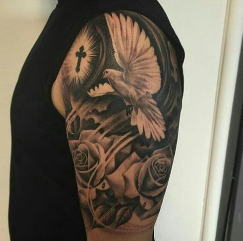 Tattoo by ig:k12tattoos Dove Shoulder Tattoo Men, Two Doves Tattoo Design, Dove Tattoos, Heaven Tattoos, Rose Tattoos For Men, Dove Tattoo, Men Tattoos Arm Sleeve, Mens Shoulder Tattoo, Cool Forearm Tattoos