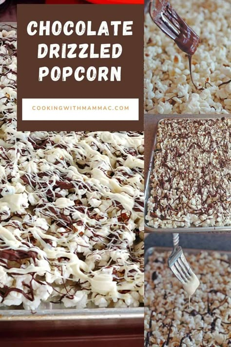 Popcorn Chocolate Drizzle, Drizzle Popcorn Recipe, Popcorn Drizzled With Chocolate, Black And White Snacks Party Ideas, Chocolate Covered Popcorn How To Make, Chocolate Popcorn Recipe Easy, Popcorn Chocolate Drizzle Recipes, Popcorn With Chocolate Drizzle, Chocolate Covered Popcorn Recipe