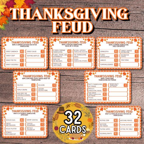 "Thanksgiving Friendly Feud Game Printable - Family-Friendly Thanksgiving Games 🍁 Level up your Thanksgiving festivities with our THANKSGIVING FEUD game! Perfect for gatherings with friends and family. This complete set is designed for endless Thanksgiving fun and includes 32 Thanksgiving-themed question cards along with 6 Fast Final Rounds. All joy, no fuss! Included for Instant Download: 32 Thanksgiving Feud Question Cards 6 Fast Final Rounds of Thanksgiving Feud Team Scoreboard Sheet Strikes Easy-to-Follow Instructions ✔ WITH THE INSTANT DOWNLOAD, YOU WILL RECEIVE: 1 PDF with Thanksgiving Feud Game, Fast Rounds, and comprehensive instructions for immediate fun. Skip the shipping costs and waiting times. This game is designed to be printed and played, perfect for last-minute Thanksgivin Friendsgiving Ideas Decorations, Themed Friendsgiving, Thanksgiving Family Feud, Printable Thanksgiving Games, Games Team Building, Ladies Night Games, Thanksgiving Games For Adults, Thanksgiving Festivities, Friendsgiving Games