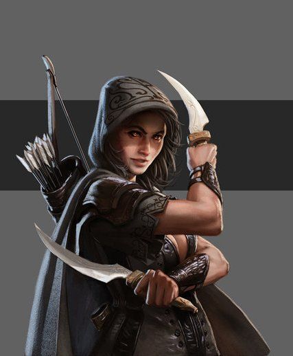 f Rogue Thief Leather Armor Cloak Bracers Dual Shortswords Longbow female med (saved) (1) Half Elf Rogue, Dnd Halfling, Halfling Rogue, Dnd Elves, Half Elf, Longbow, Roleplay Characters, Female Character Concept, Leather Armor