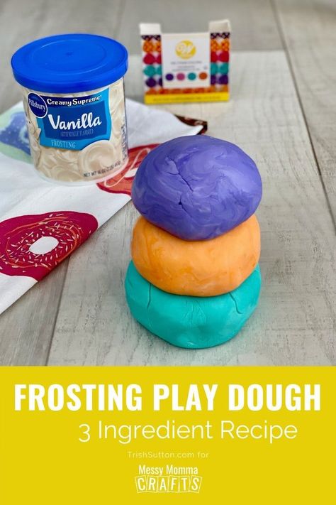 Edible play dough is fun and safe for toddlers, preschoolers, and kids of all ages! This easy recipe makes a fun kids’ activity for hands-on creative fun that’s tasty too. Learn how to make 3-ingredient edible play dough with items from your kitchen pantry at Messy Momma Crafts. #MessyMommaCrafts 3 Ingredient Frosting, Edible Play Dough, Edible Play Dough Recipe, Edible Playdough, 3 Ingredient Recipes, Playdough Recipe, Edible Cookie Dough, Summer Crafts For Kids, Frosting Recipe