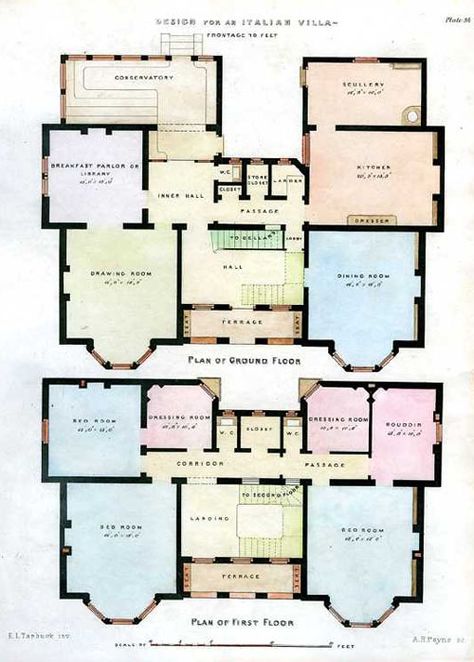 Italian Villa Floorplans Architectural engraving c1850 Italian Farmhouse Floor Plan, Italian Villa Blueprint, Italian Style Architecture, Vintage Mansion Floor Plan, Italian Style House Plans, Mediterranean Architecture Italian Villa, Italy House Italian Villa Interior, Small Italian Villa Floor Plans, Italian Home Layout