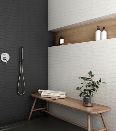 This large, open shower features a black picket tile wall and a white picket tile wall. Elongated Hexagon Tile, Picket Tile, Tile Tub Surround, Shower Wall Tile, Bathroom Shower Walls, Tile Layout, Backsplash Designs, Black And White Tiles, Room Tiles