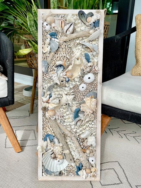 Handmade Coastal Wall Art Natural Driftwood Seashells Sea Urchins Coral 32 X 12 Beach Lake House Décor Blue Grey White Sanibel Florida - Etsy Seashell Canvas, Beach Decorating Ideas, Modern Coastal Wall Art, Sea Shell Ideas, Seashell Artwork, Coral Reef Art, Shell Artwork, Seashell Ideas, Seashell Art Diy