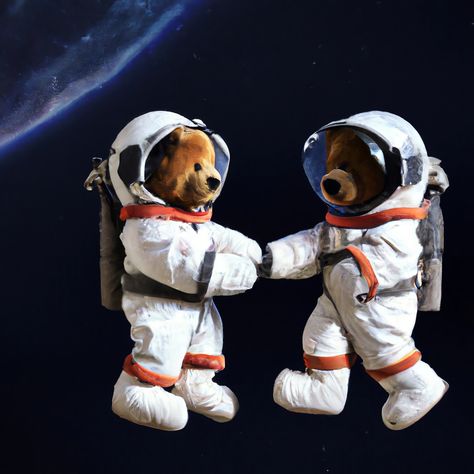 Teddy bear astronauts holding hands in space Astronaut Teddy Bear, Astronaut Bear, Space Lovers, Art Theme, Bear T Shirt, Space Travel, In Space, Space Art, Teddy Bears