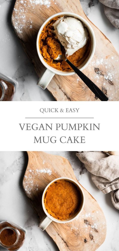 An easy pumpkin mug cake, made in less than 5 minutes. All you need is a few simple ingredients to make a delicious single-serve pumpkin cake at home. This recipe is vegan and has a gluten-free option. | Nourished by Caroline #vegan #vegetarian #mugcake #dessert #pumpkin #plantbased #pumpkincake #fallrecipes #fallbaking #cake #easyrecipes Mug Cake Vegan, Pumpkin Mug Cake, Mug Dessert Recipes, Vegan Mug Cakes, Dessert Pumpkin, Cake At Home, Brownie In A Mug, Quick Easy Vegan, Single Serve Desserts