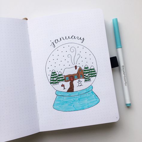 january winter snowglobe bullet journal theme #bujo #bujoideas #bulletjournal #bulletjournaling #bulletjournalideas January Bujo Cover Page, January Doodles Bullet Journal, Winter Bullet Journal Theme, Bullet Journal Themes January, Snow Bullet Journal, Bujo Winter Theme, Bullet Journal Winter Theme, Bullet Journal January Theme, Bujo January Theme