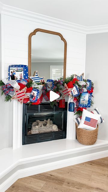 Jeanna Crawford on Instagram: "4th of July mantel moment ❤️🫶🏻💙  What’s red, white, blue... and green!? Oh, that’s just my Fourth of July mantel decor - with a signature JLC garland “heart,” of course!  Here’s what I love about decorating year round - you quickly discover how repurposing your pieces gives you so many different looks... and it teaches you to be resourceful and innovative.   My favorite element here is our photos - my 4th of July faves! Do you need the DIY on how I crafted the frame?!?!   Am I new to you? Let’s be glittery bffs! Follow @jeannaloveschristmas and join me and the Christmasers for holiday decor inspiration 365 days a year!   #fourthofjuly #redwhiteandblue #flagdecor #decoratewithme #4thofjuly #diydecor  #manteldecor #patrioticdecor" 4th Of July Mantel Decor, 4th July Crafts, Entertaining Decor, Mantel Decor, July Crafts, 4th July, Flag Decor, Mantle Decor, Patriotic Decorations